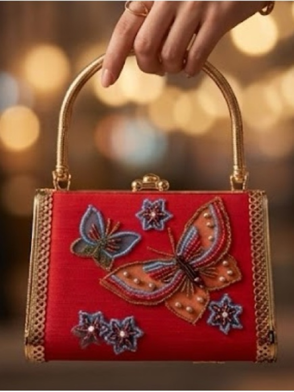 Elegant Red Butterfly Embroidered Top-Handle Bag